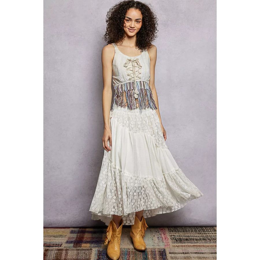 POL Lace-Up Fringe Hem Tank with Lace Detail Apparel and Accessories