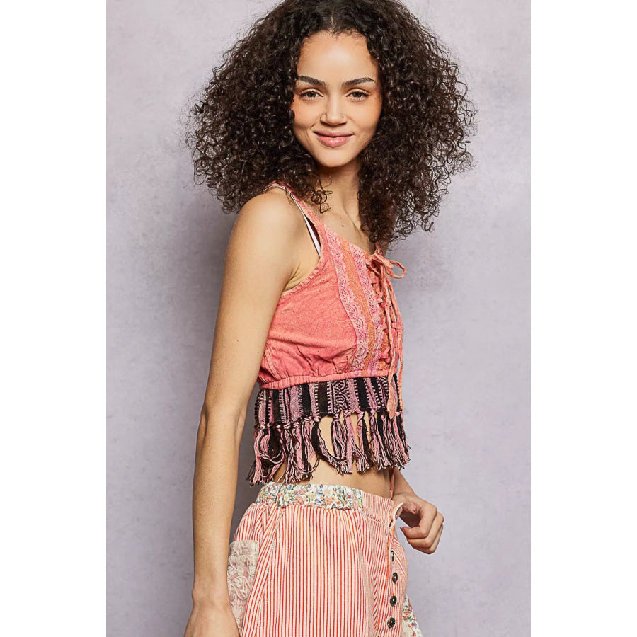 POL Lace-Up Fringe Hem Tank with Lace Detail Apparel and Accessories