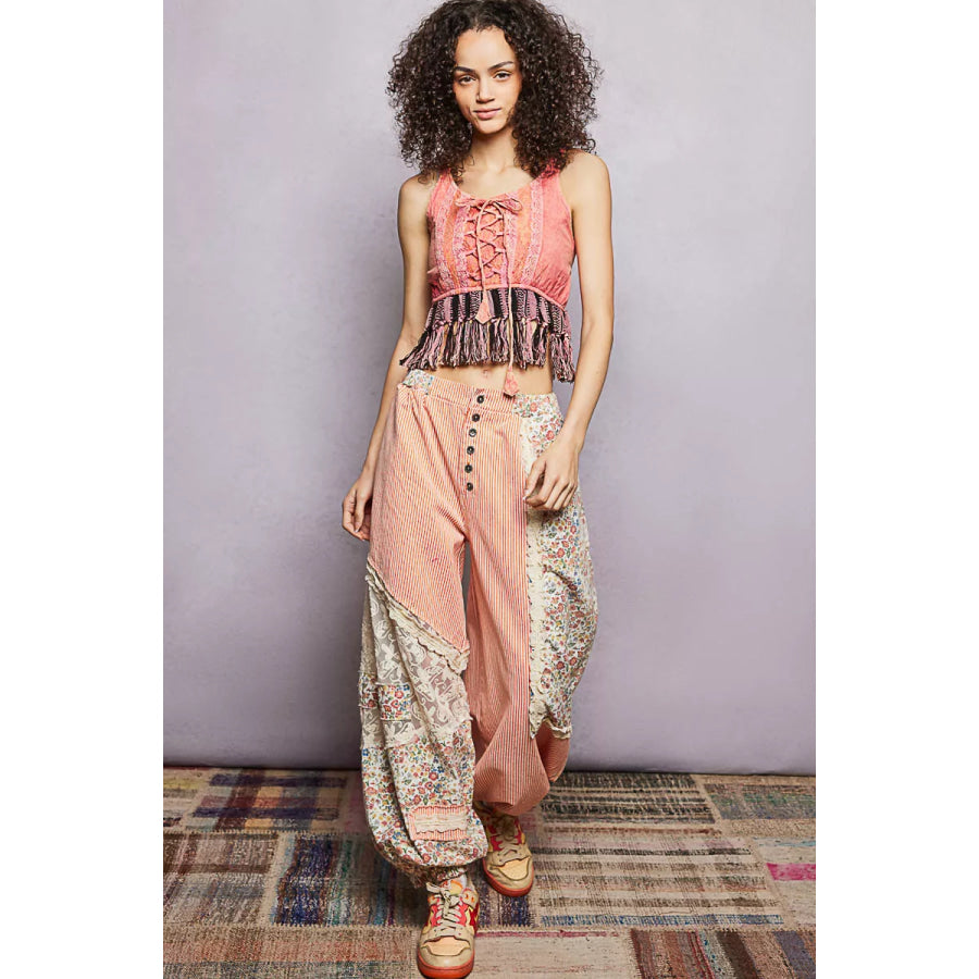 POL Lace-Up Fringe Hem Tank with Lace Detail Apparel and Accessories