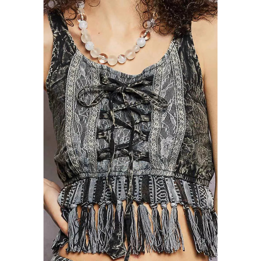POL Lace-Up Fringe Hem Tank with Lace Detail Apparel and Accessories