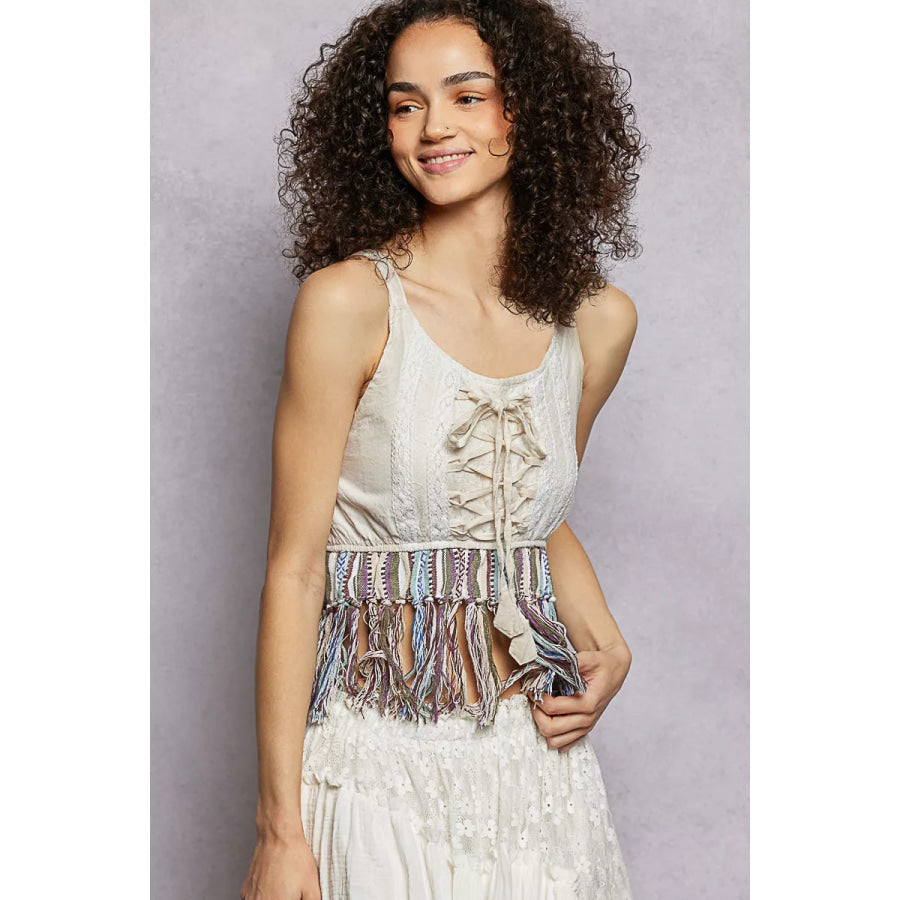 POL Lace-Up Fringe Hem Tank with Lace Detail Apparel and Accessories