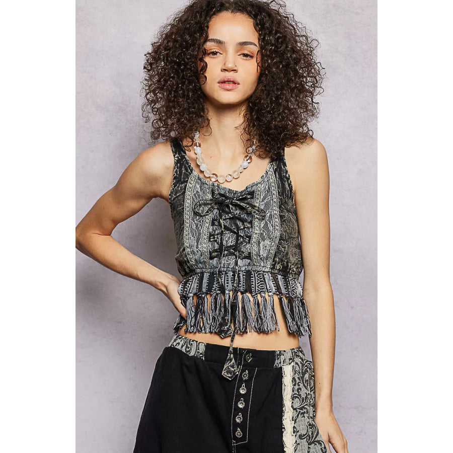 POL Lace-Up Fringe Hem Tank with Lace Detail CHARCOAL / S Apparel and Accessories