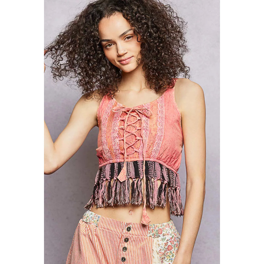 POL Lace-Up Fringe Hem Tank with Lace Detail Apparel and Accessories