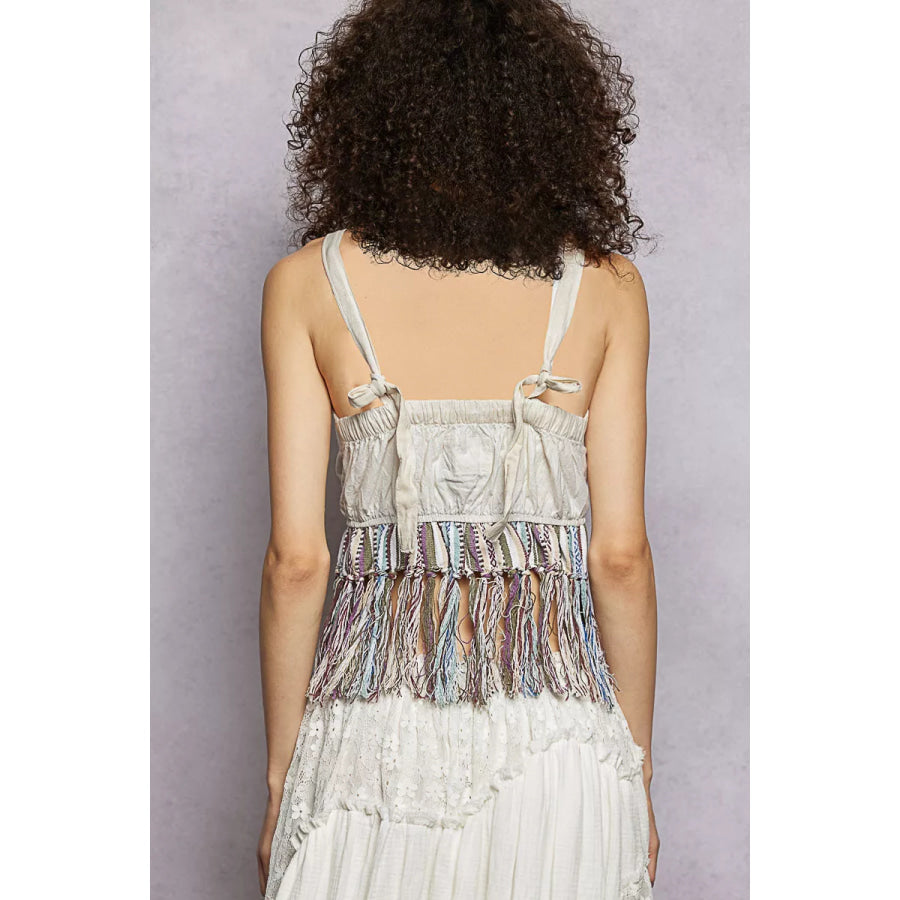POL Lace-Up Fringe Hem Tank with Lace Detail Apparel and Accessories
