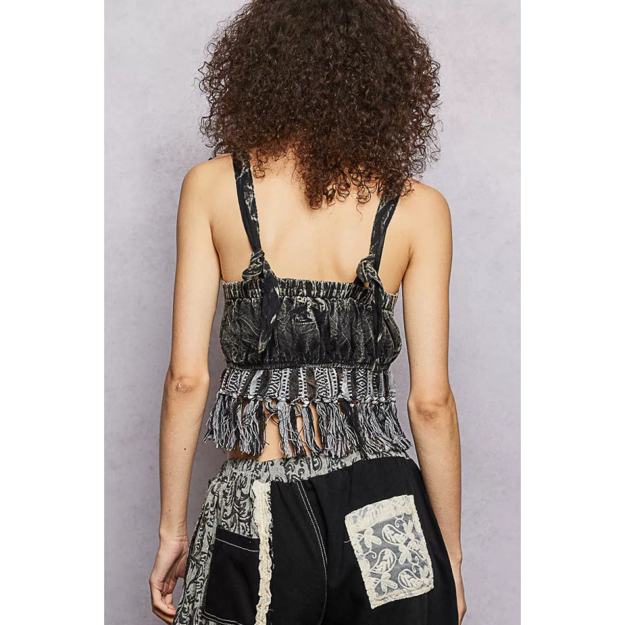 POL Lace-Up Fringe Hem Tank with Lace Detail Apparel and Accessories