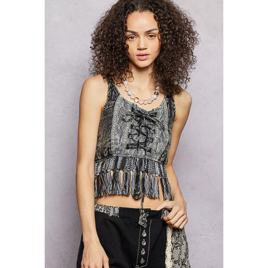 POL Lace-Up Fringe Hem Tank with Lace Detail CHARCOAL / S Apparel and Accessories