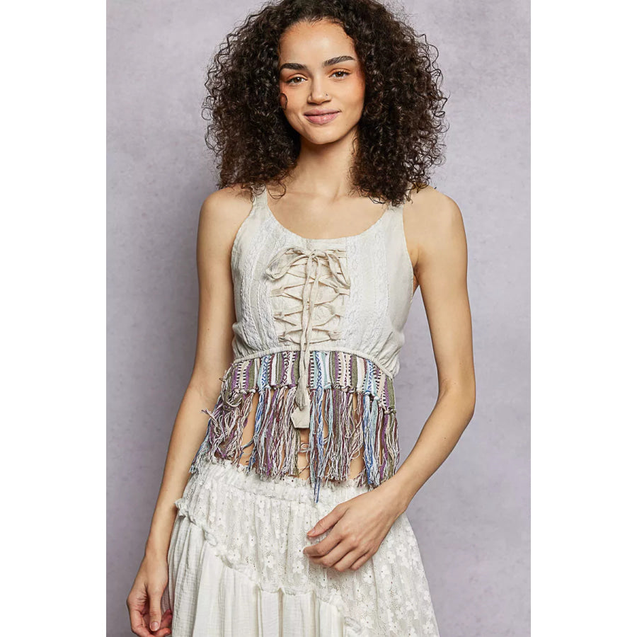 POL Lace-Up Fringe Hem Tank with Lace Detail NATURAL / S Apparel and Accessories