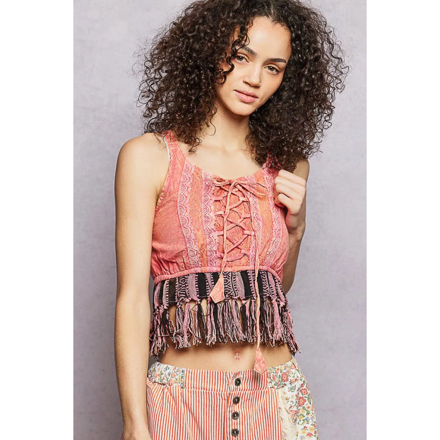 POL Lace-Up Fringe Hem Tank with Lace Detail PINK / S Apparel and Accessories