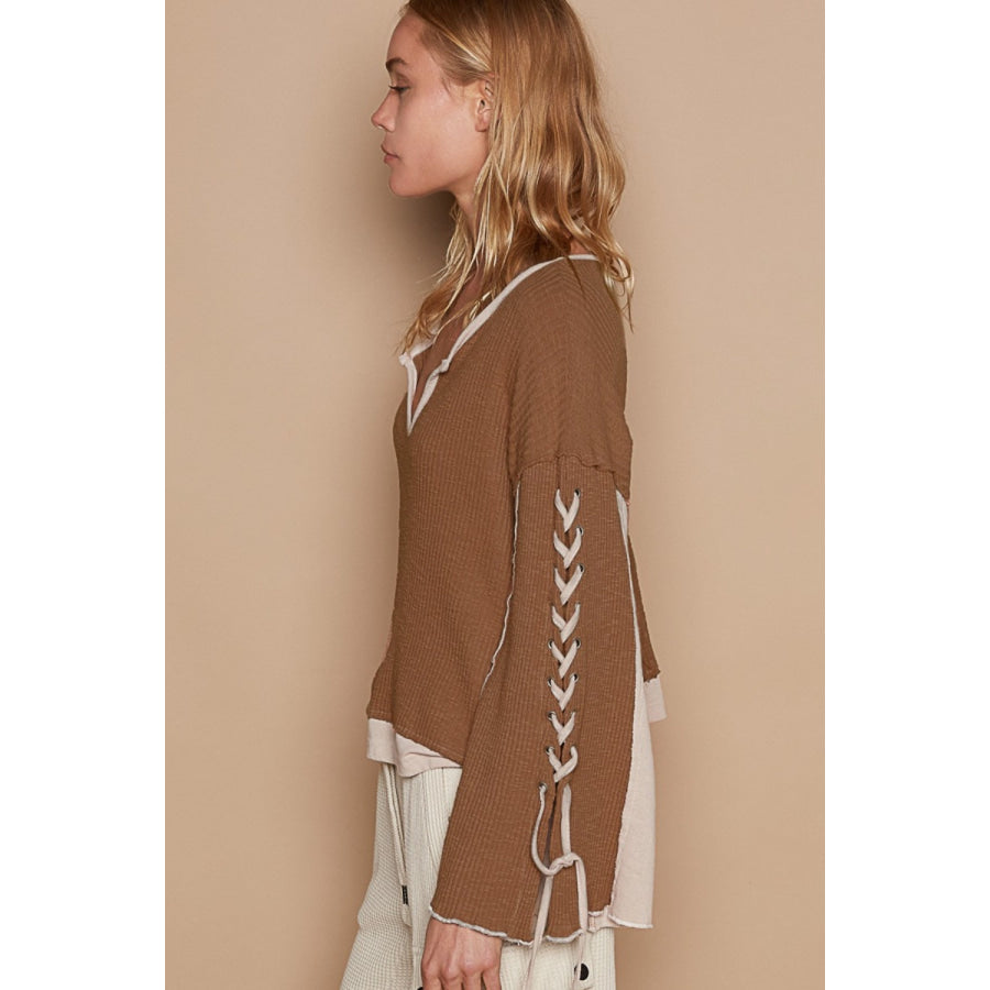 POL Lace-Up Sleeve Color Block Ribbed Knit Top Milk Chocolate / S Apparel and Accessories