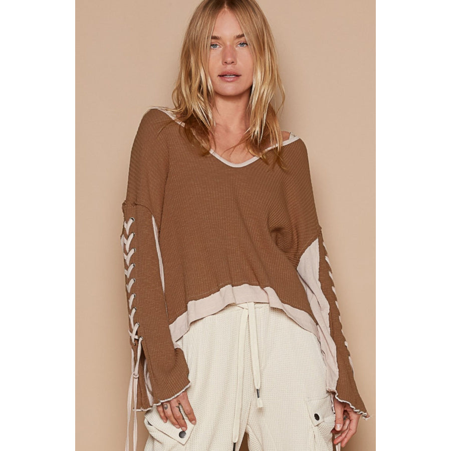 POL Lace-Up Sleeve Color Block Ribbed Knit Top Milk Chocolate / S Apparel and Accessories
