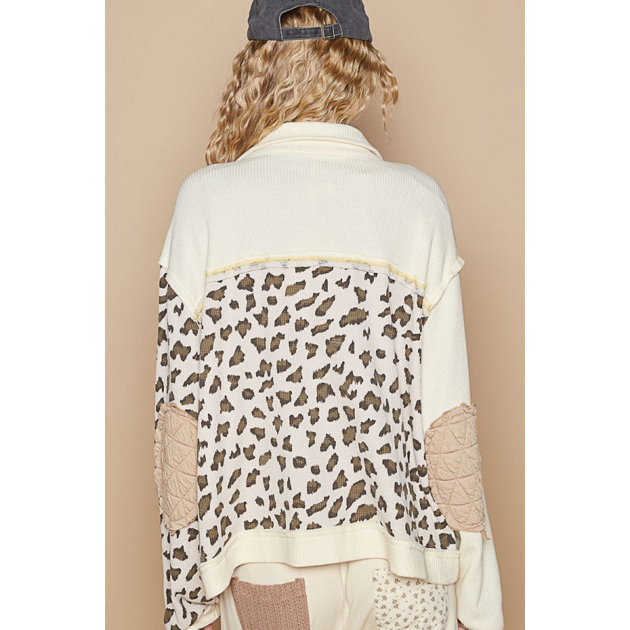 POL Leopard Exposed Seam Button Up Quilted Jacket Apparel and Accessories