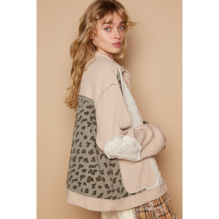 POL Leopard Exposed Seam Button Up Quilted Jacket Apparel and Accessories