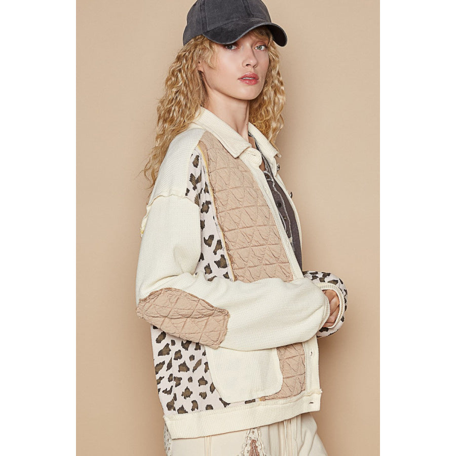 POL Leopard Exposed Seam Button Up Quilted Jacket Apparel and Accessories