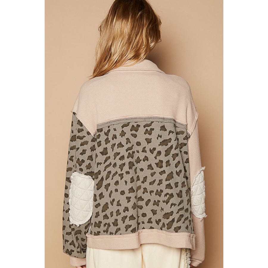 POL Leopard Exposed Seam Button Up Quilted Jacket Apparel and Accessories