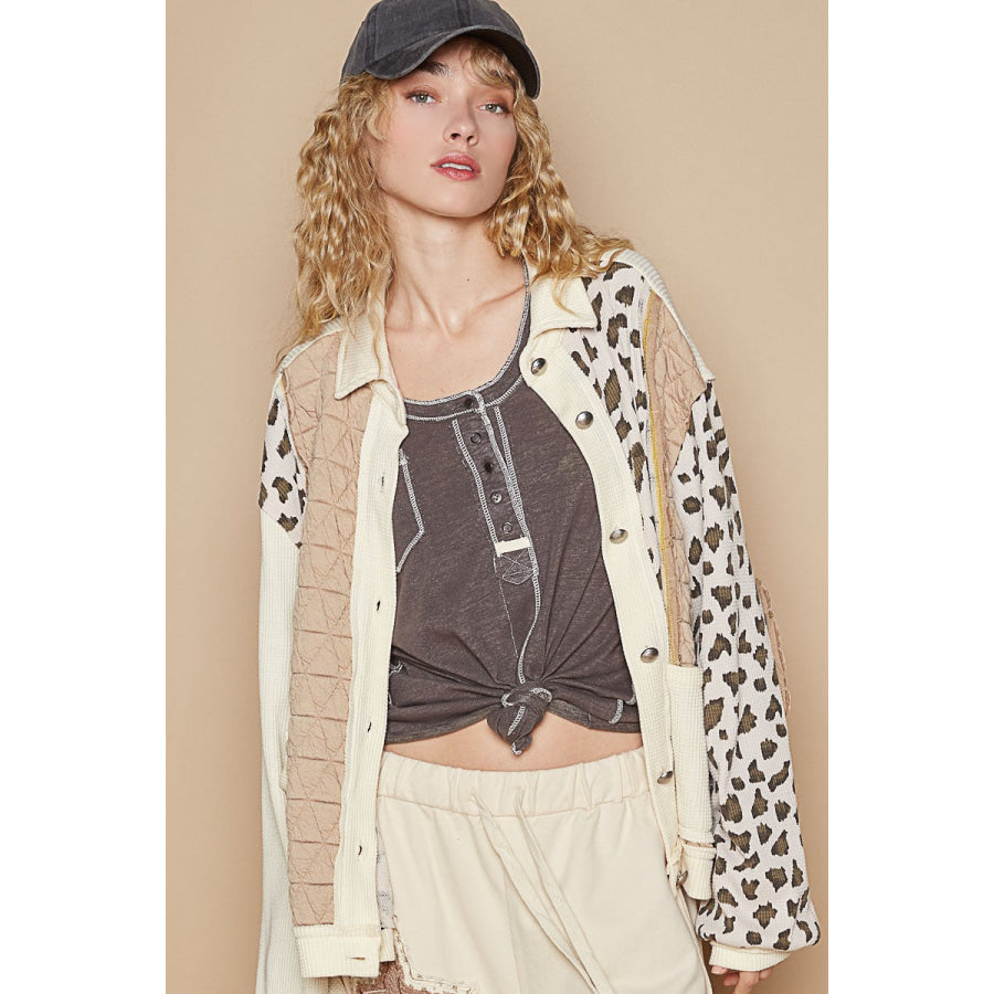 POL Leopard Exposed Seam Button Up Quilted Jacket Cream Multi / S Apparel and Accessories