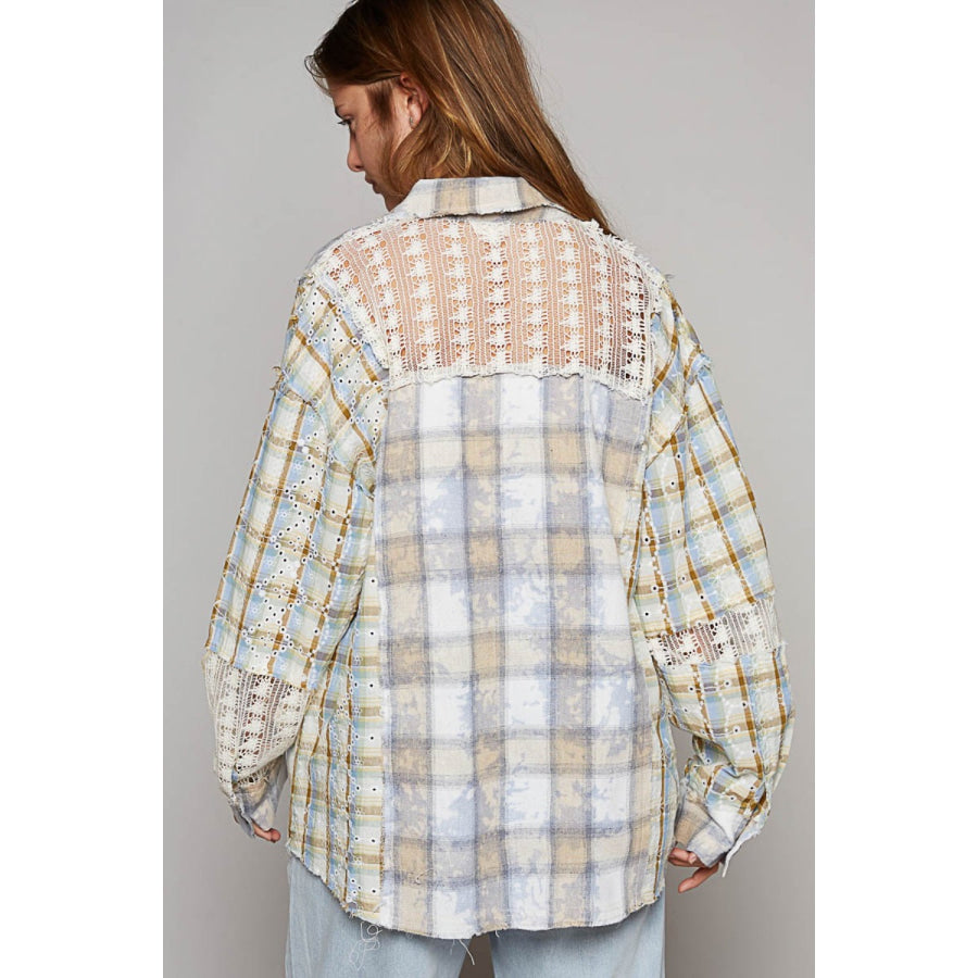 POL Long Sleeve Embroidered Crochet Plaid Shirt Apparel and Accessories