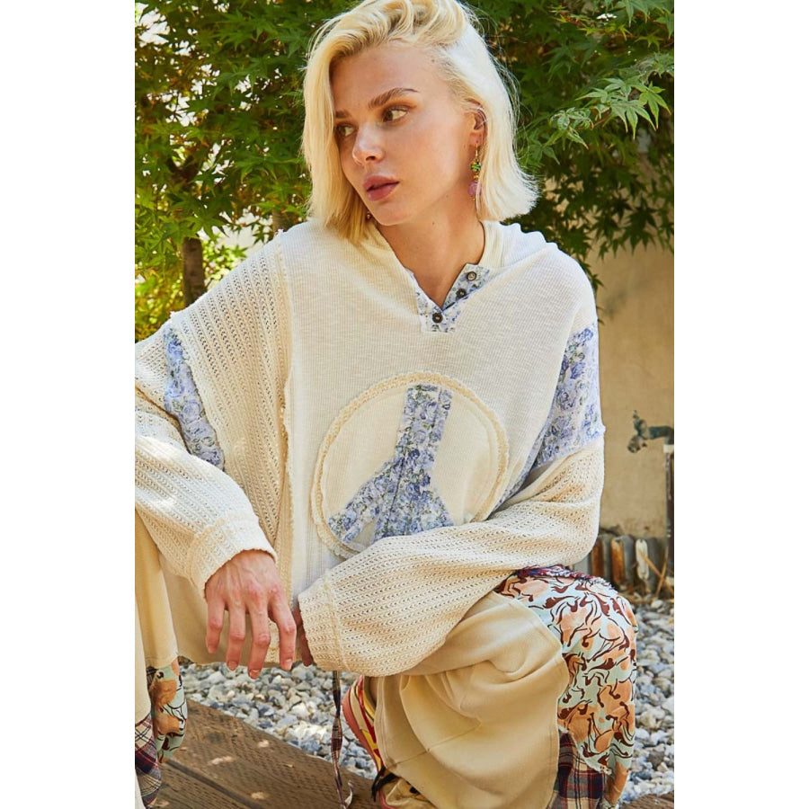 POL Long Sleeve Floral Peace Patch Ribbed Hoodie Ivory / S Apparel and Accessories