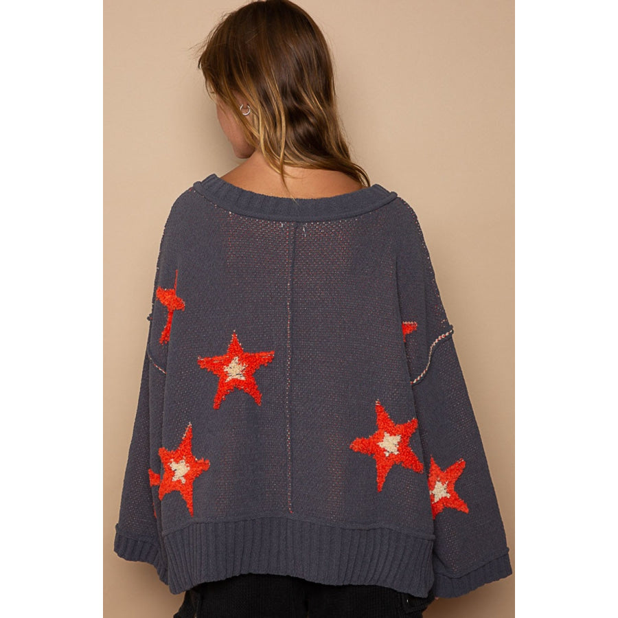 POL Long Sleeve Star Patch Sweater Apparel and Accessories