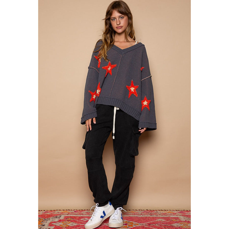 POL Long Sleeve Star Patch Sweater Apparel and Accessories