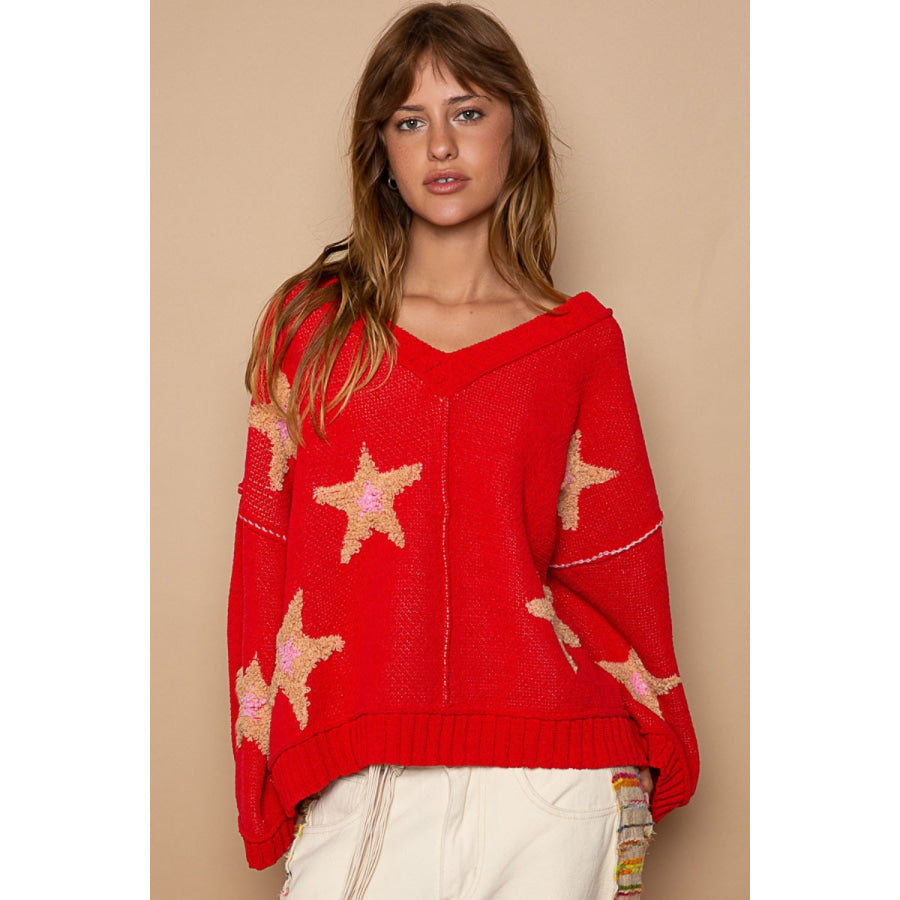 POL Long Sleeve Star Patch Sweater Apple Red / S Apparel and Accessories