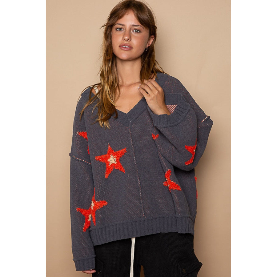 POL Long Sleeve Star Patch Sweater Charcoal / S Apparel and Accessories