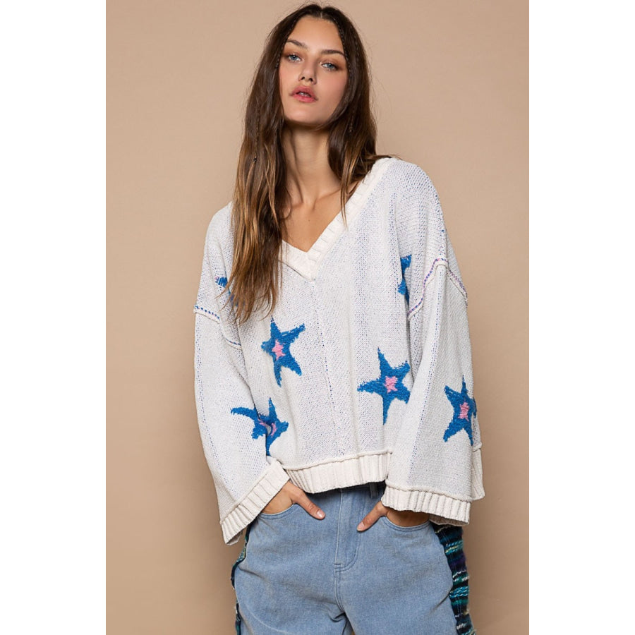 POL Long Sleeve Star Patch Sweater White / S Apparel and Accessories