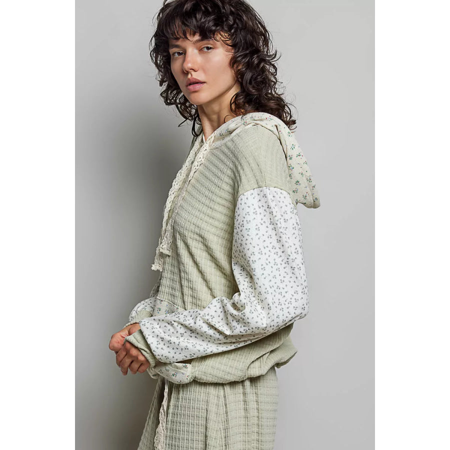 POL Mixed Knit Contrast Print Sleeve Hoodie with Kangaroo Pocket Apparel and Accessories