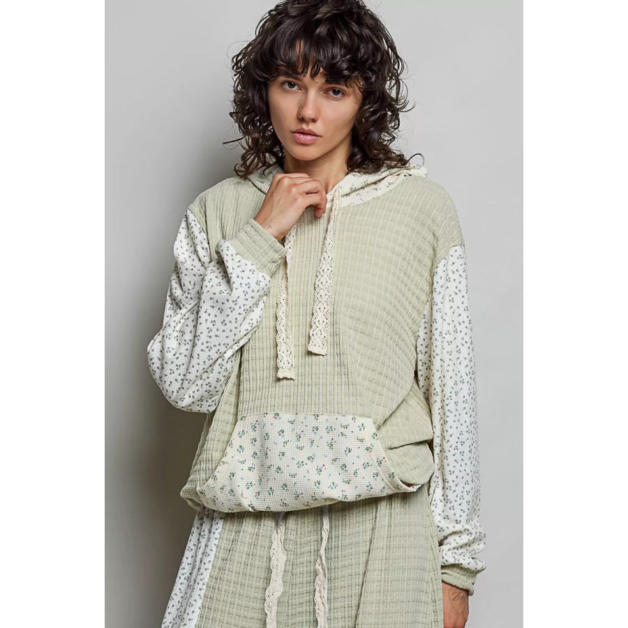 POL Mixed Knit Contrast Print Sleeve Hoodie with Kangaroo Pocket Apparel and Accessories