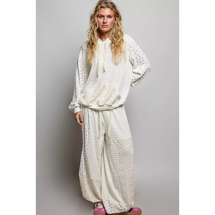 POL Mixed Knit Contrast Print Sleeve Hoodie with Kangaroo Pocket Apparel and Accessories