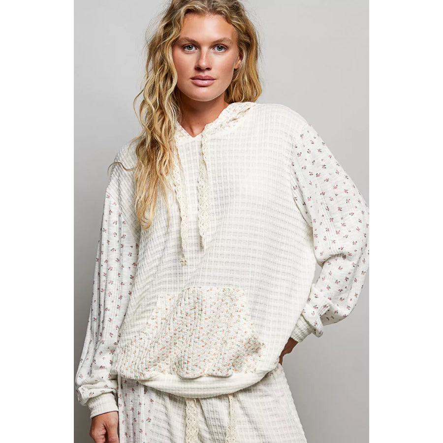 POL Mixed Knit Contrast Print Sleeve Hoodie with Kangaroo Pocket Apparel and Accessories