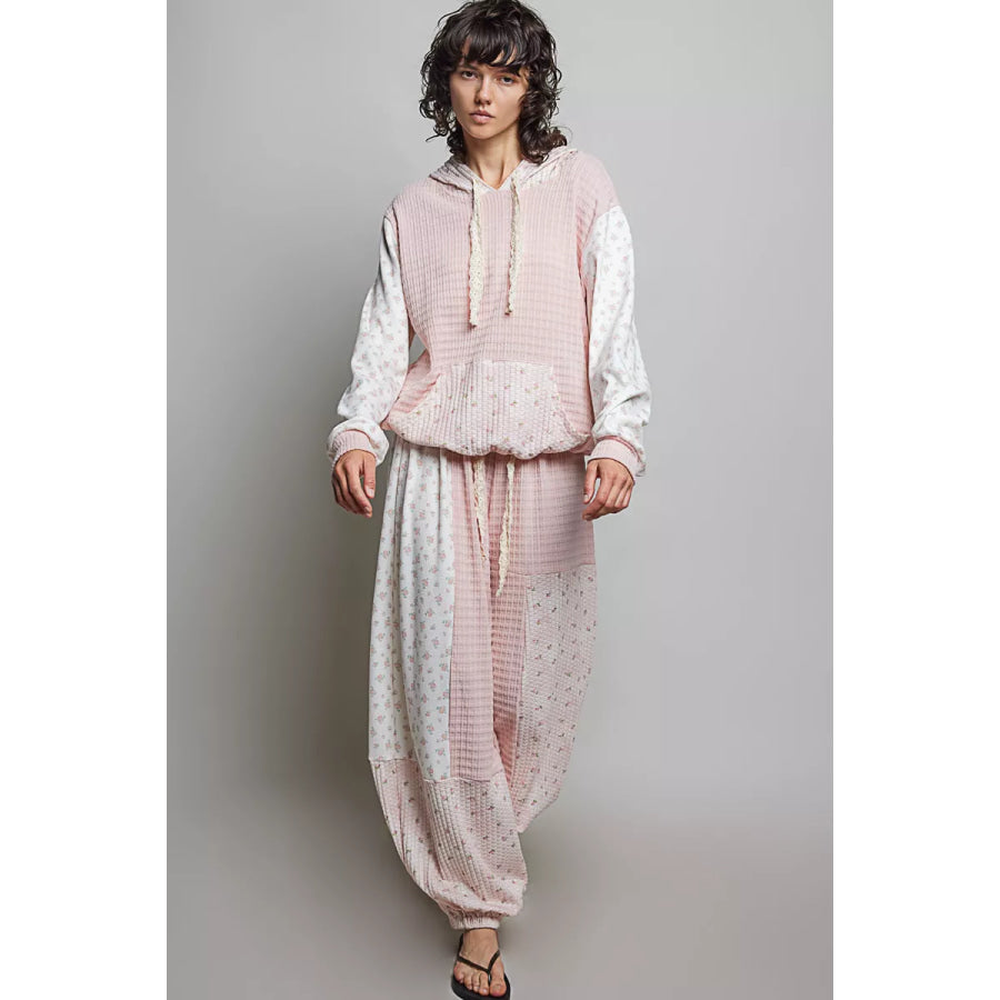 POL Mixed Knit Contrast Print Sleeve Hoodie with Kangaroo Pocket Apparel and Accessories