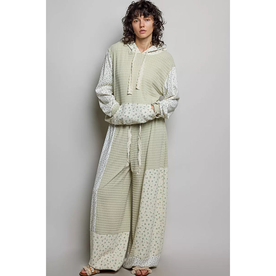 POL Mixed Knit Contrast Print Sleeve Hoodie with Kangaroo Pocket Apparel and Accessories
