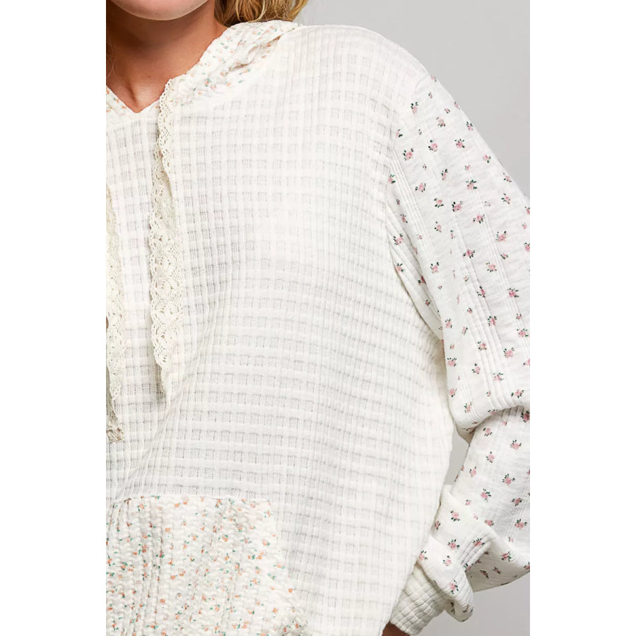 POL Mixed Knit Contrast Print Sleeve Hoodie with Kangaroo Pocket Apparel and Accessories