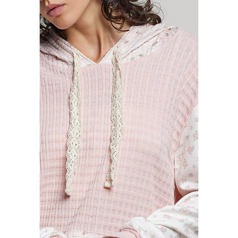 POL Mixed Knit Contrast Print Sleeve Hoodie with Kangaroo Pocket Apparel and Accessories