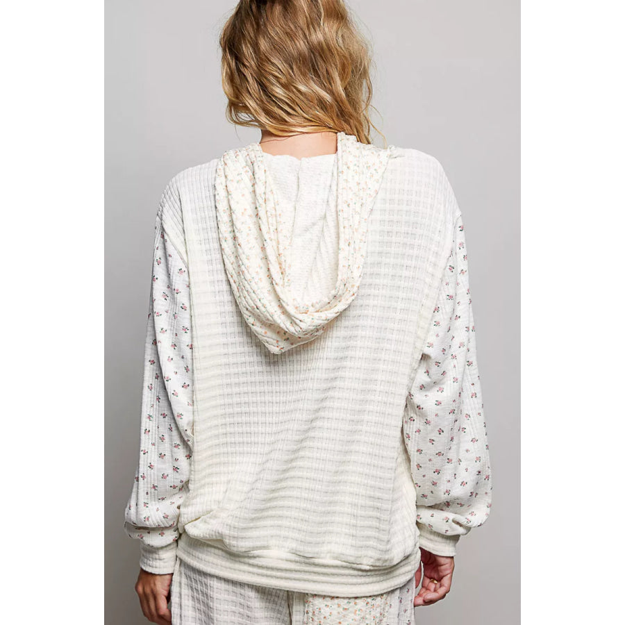 POL Mixed Knit Contrast Print Sleeve Hoodie with Kangaroo Pocket Apparel and Accessories