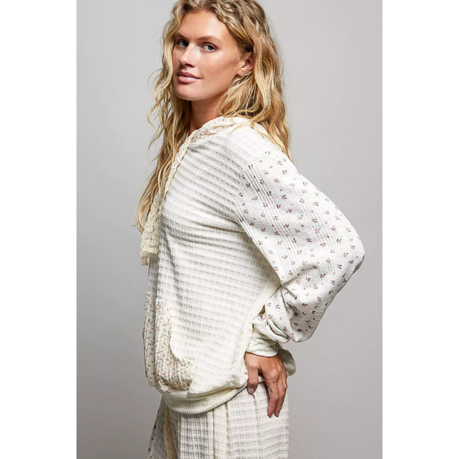 POL Mixed Knit Contrast Print Sleeve Hoodie with Kangaroo Pocket Apparel and Accessories
