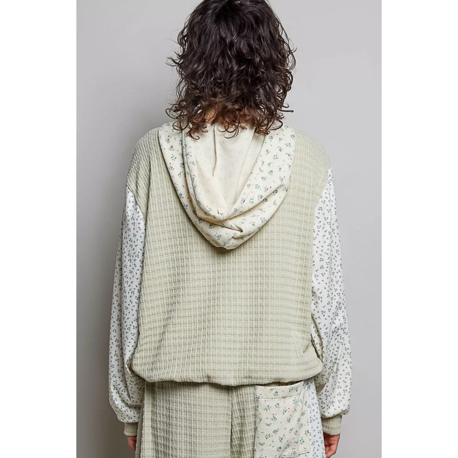 POL Mixed Knit Contrast Print Sleeve Hoodie with Kangaroo Pocket Apparel and Accessories