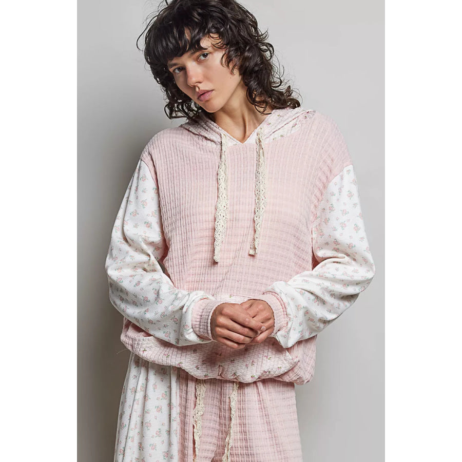 POL Mixed Knit Contrast Print Sleeve Hoodie with Kangaroo Pocket Apparel and Accessories