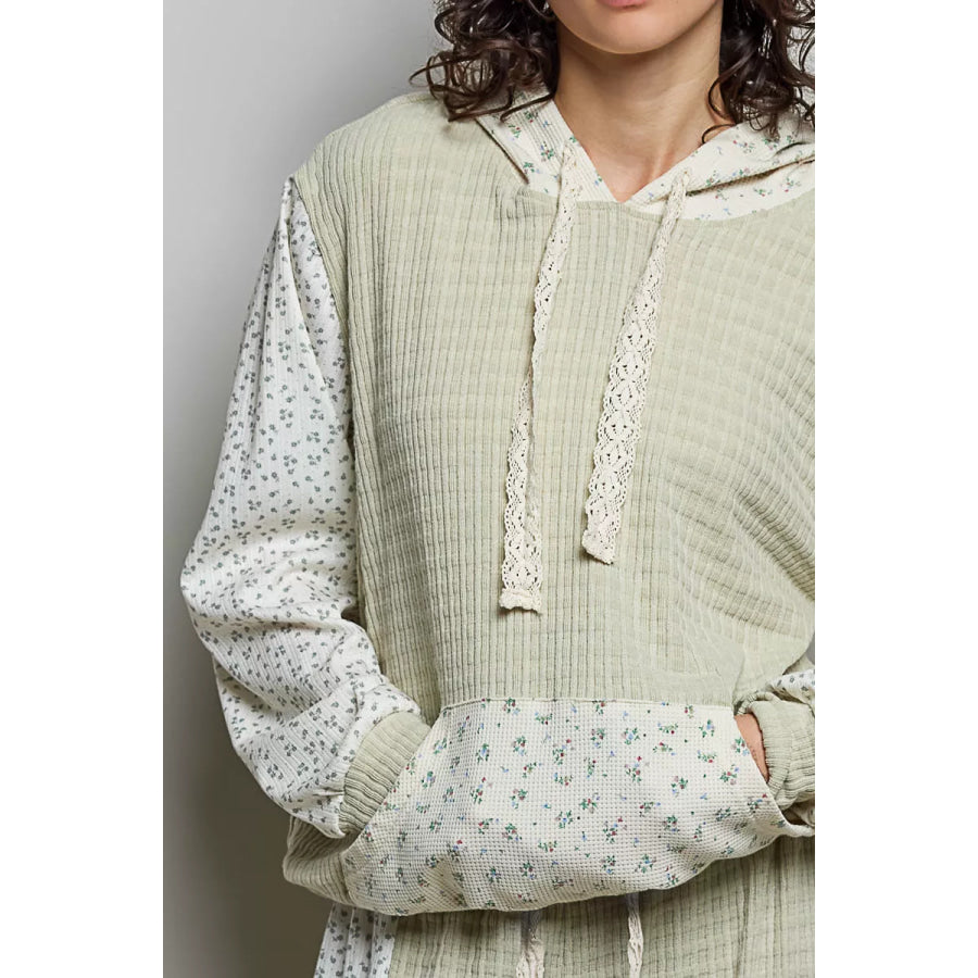 POL Mixed Knit Contrast Print Sleeve Hoodie with Kangaroo Pocket Apparel and Accessories