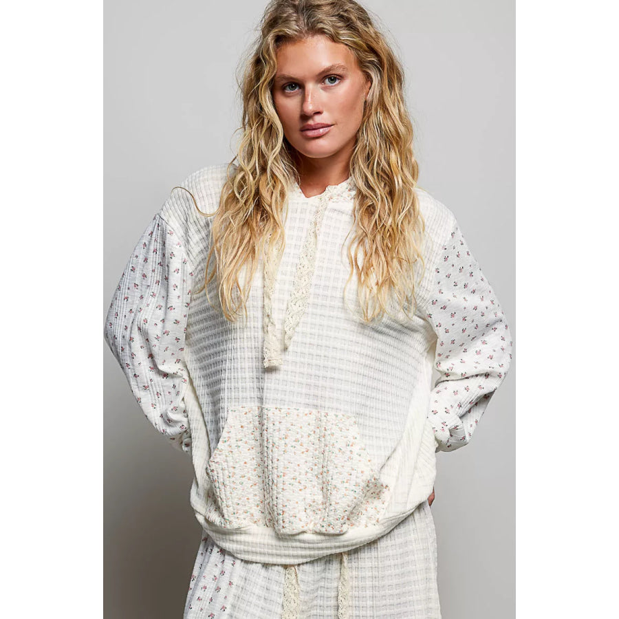 POL Mixed Knit Contrast Print Sleeve Hoodie with Kangaroo Pocket NATURAL MULTI / S Apparel and Accessories