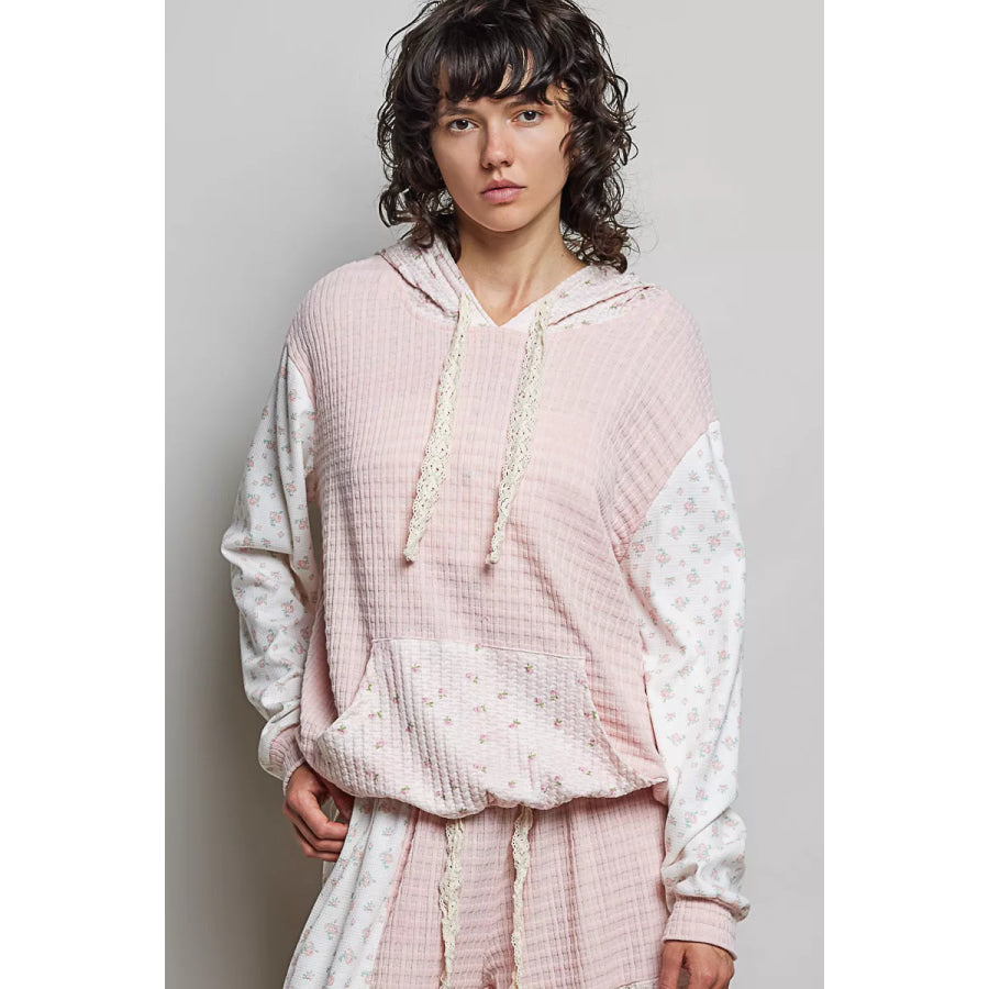 POL Mixed Knit Contrast Print Sleeve Hoodie with Kangaroo Pocket PINK MULTI / S Apparel and Accessories