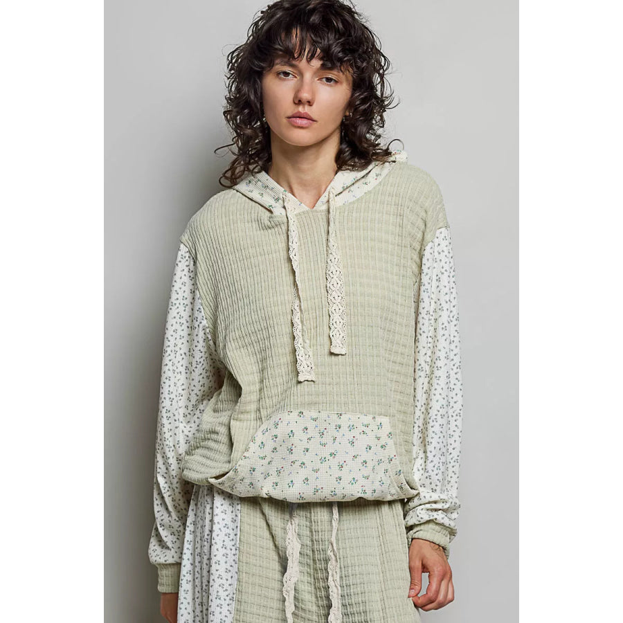 POL Mixed Knit Contrast Print Sleeve Hoodie with Kangaroo Pocket SAGE MULTI / S Apparel and Accessories