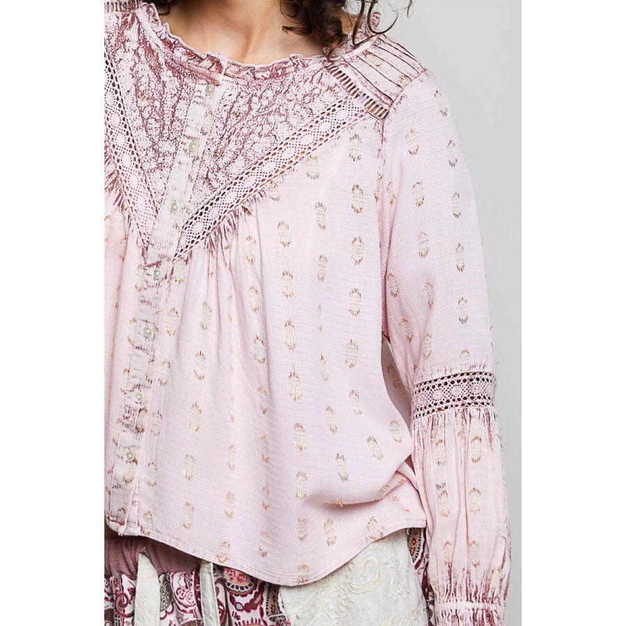 POL Mixed-Pattern Lace Detail Blouse Apparel and Accessories