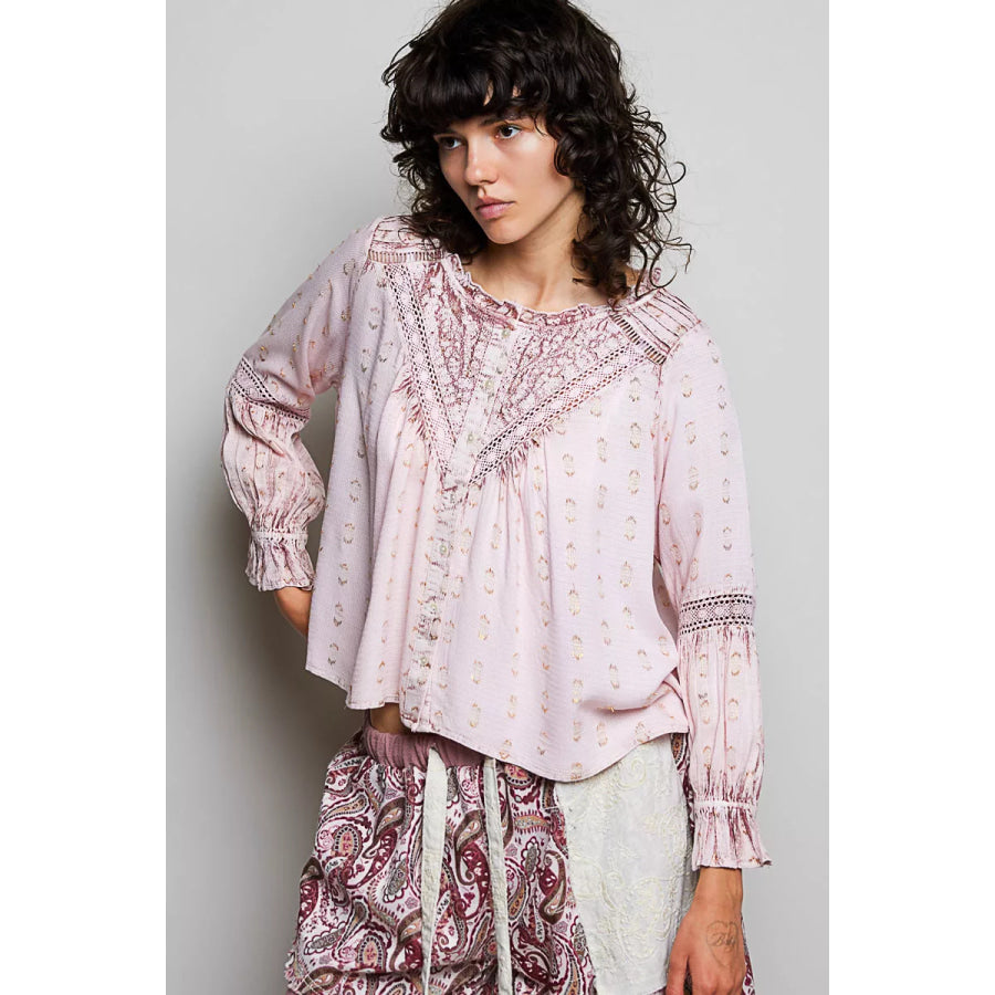 POL Mixed-Pattern Lace Detail Blouse Apparel and Accessories