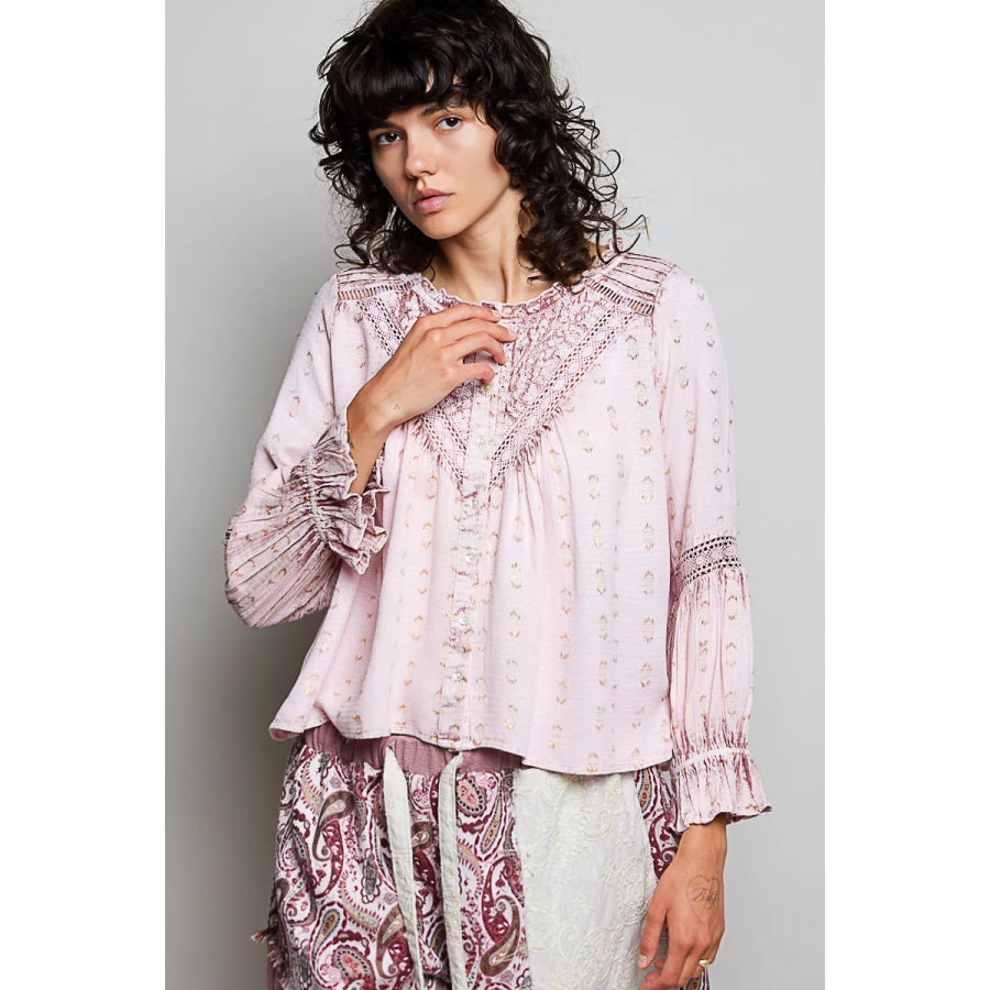 POL Mixed-Pattern Lace Detail Blouse ROSE PINK / S Apparel and Accessories