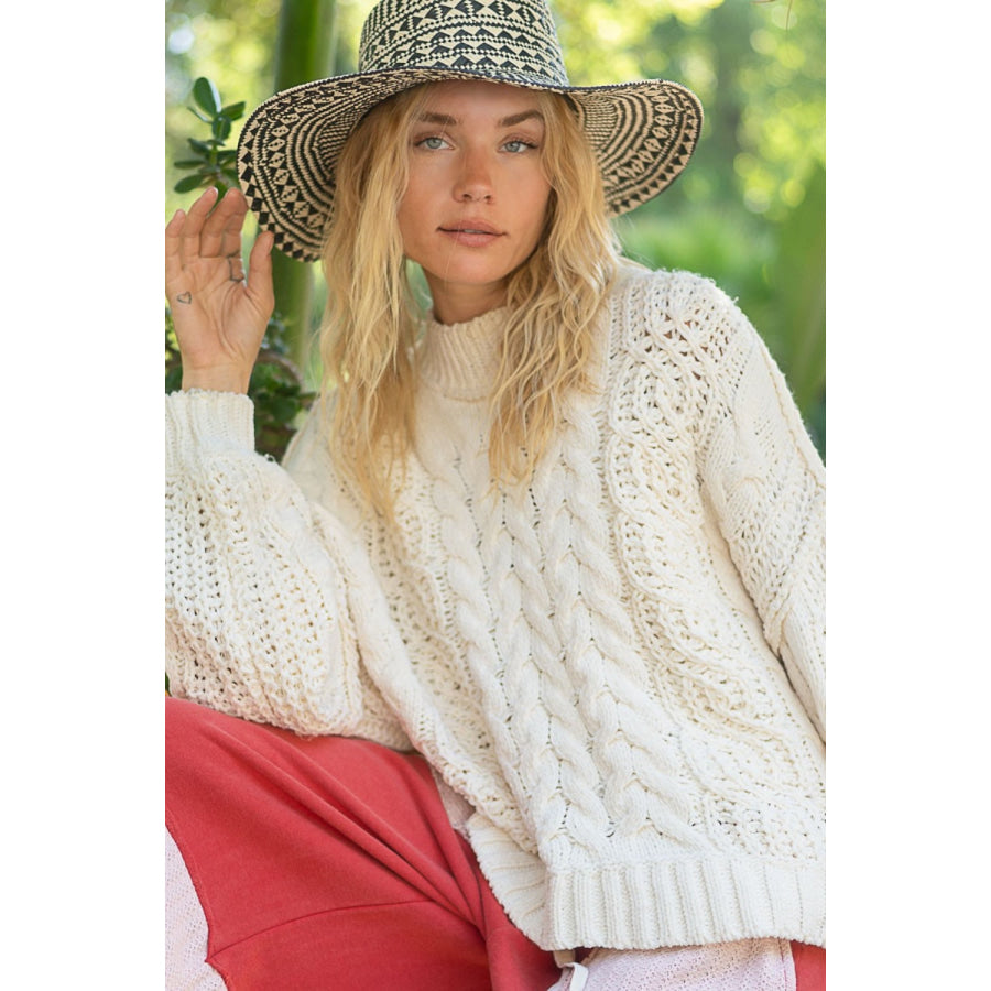 POL Mock Neck Cable Knit Sweater Cream / S Apparel and Accessories