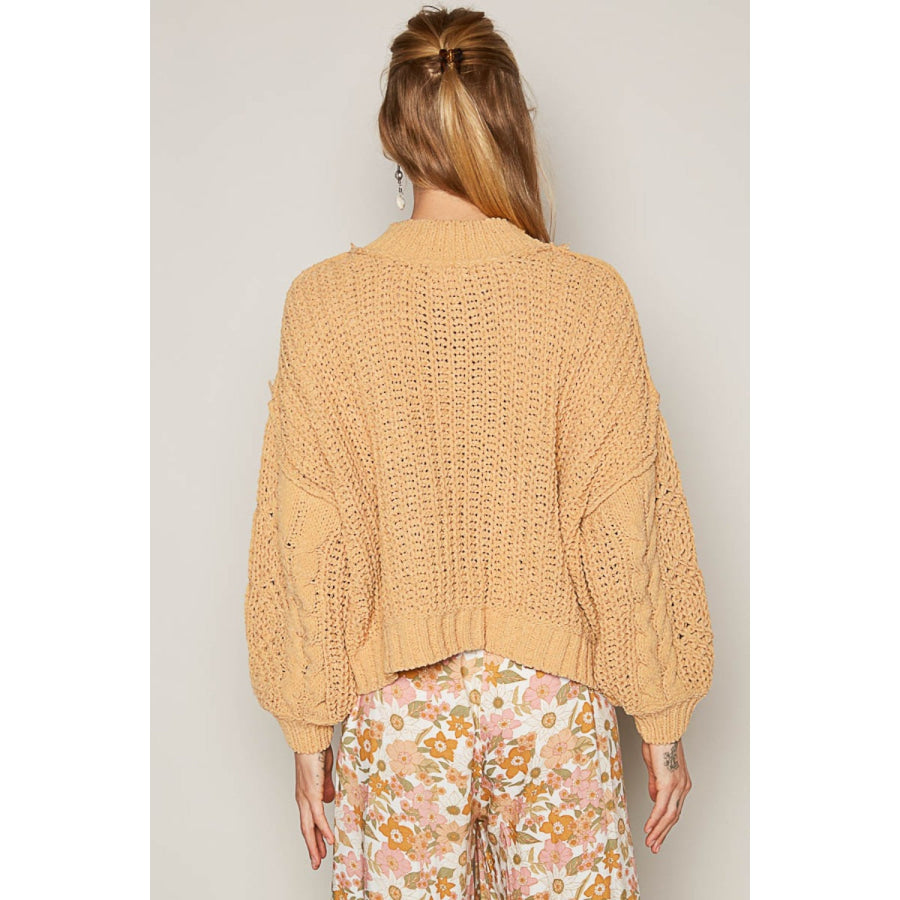 POL Mock Neck Cable Knit Sweater Honey Gold / S Apparel and Accessories