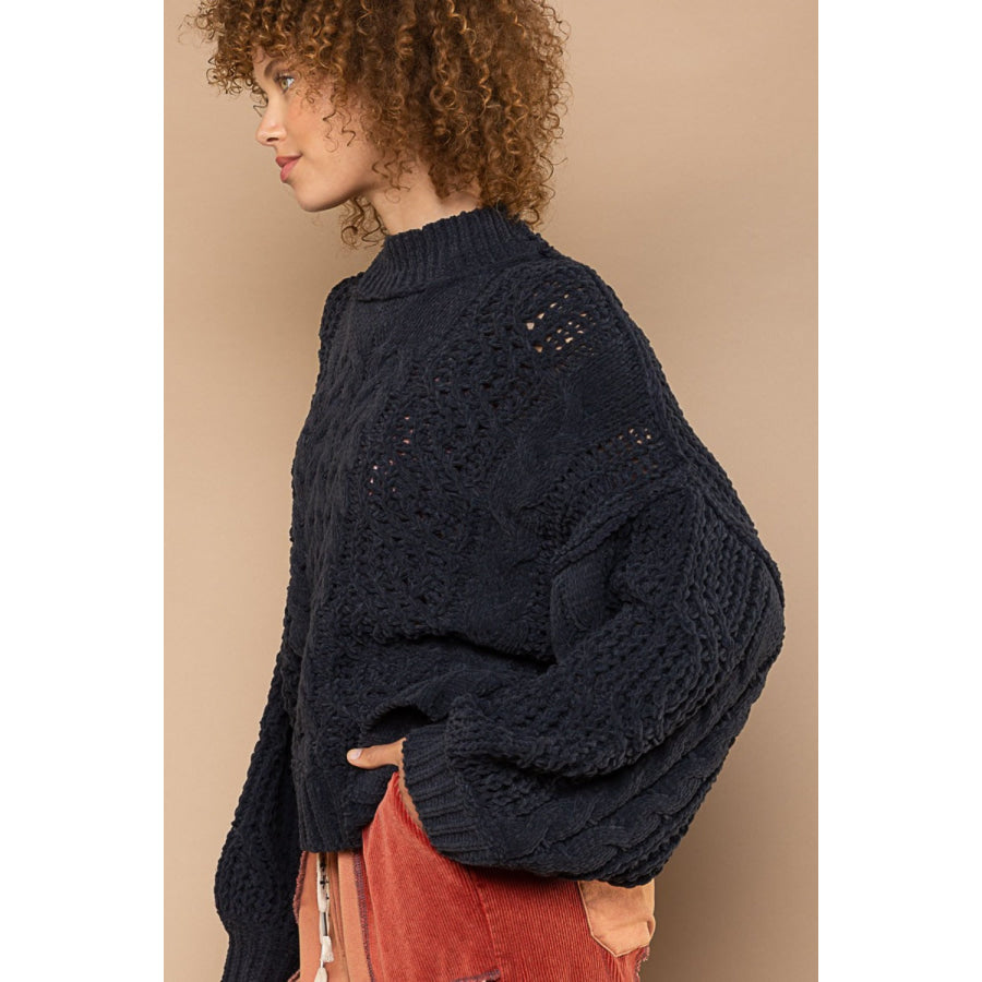 POL Mock Neck Cable Knit Sweater Apparel and Accessories