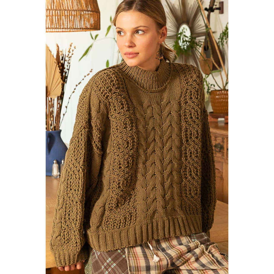 POL Mock Neck Cable Knit Sweater Apparel and Accessories