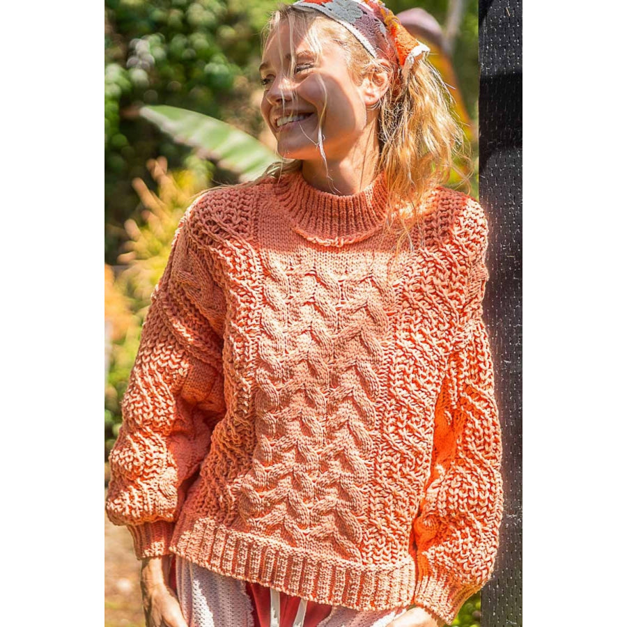 POL Mock Neck Cable Knit Sweater Coral Tangerine / S Apparel and Accessories